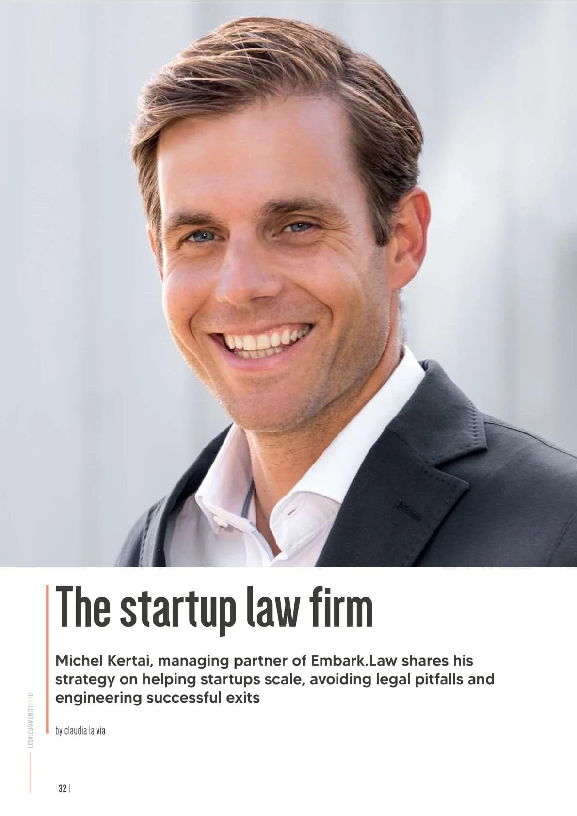 Magazine page: portrait of Michel Kertai under the headline "The startup law firm"